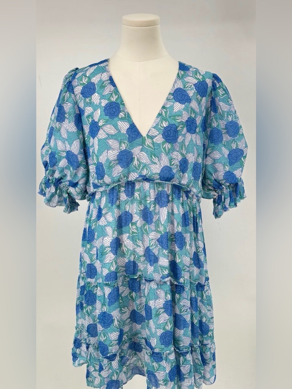 Saylor Leigha Blue Green Floral Puff Sleeve Dress V-Neck Ruffle Mini XL